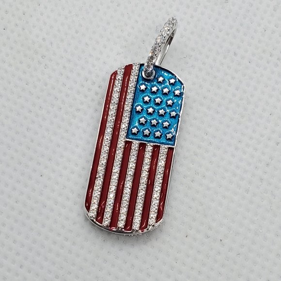 Sterling Silver 925 Rhodium Plated CZ American Flag Dog Tag Pendant - Picture 2 of 7